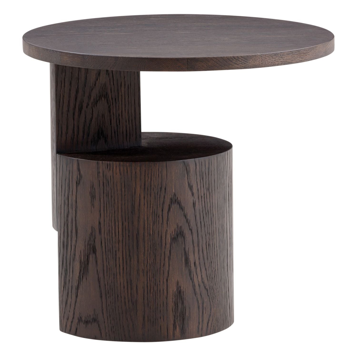 Table d'appoint moderne en chêne teinté noir avec base sculpturale et petit plateau pour salon