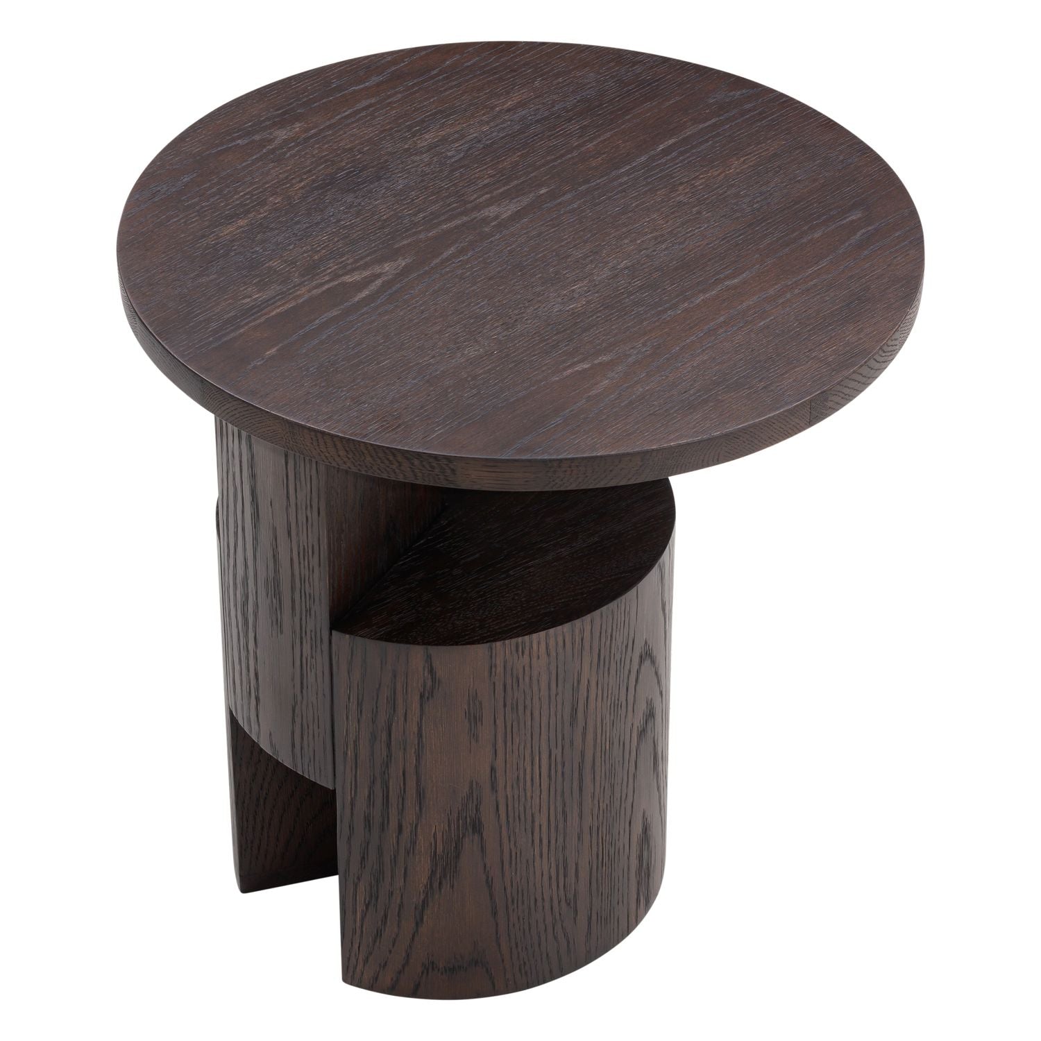 Table d'appoint moderne en chêne teinté noir avec base sculpturale et petit plateau pour salon