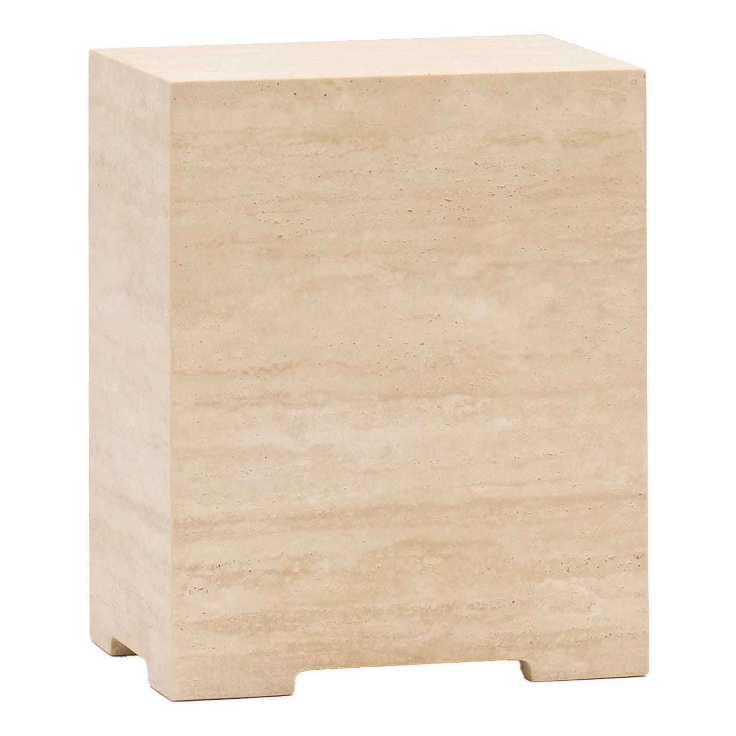 Table d'appoint ronde minimaliste en travertin avec base géométrique ajourée pour salon ou chambre à coucher