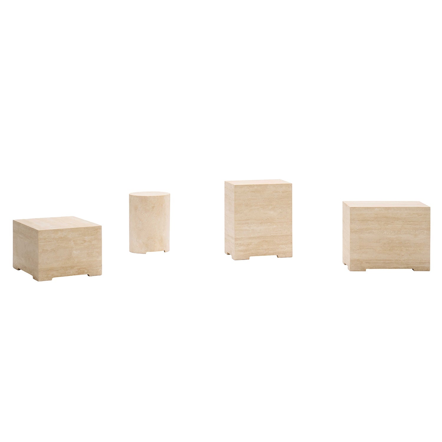 Table d'appoint ronde minimaliste en travertin avec base géométrique ajourée pour salon ou chambre à coucher