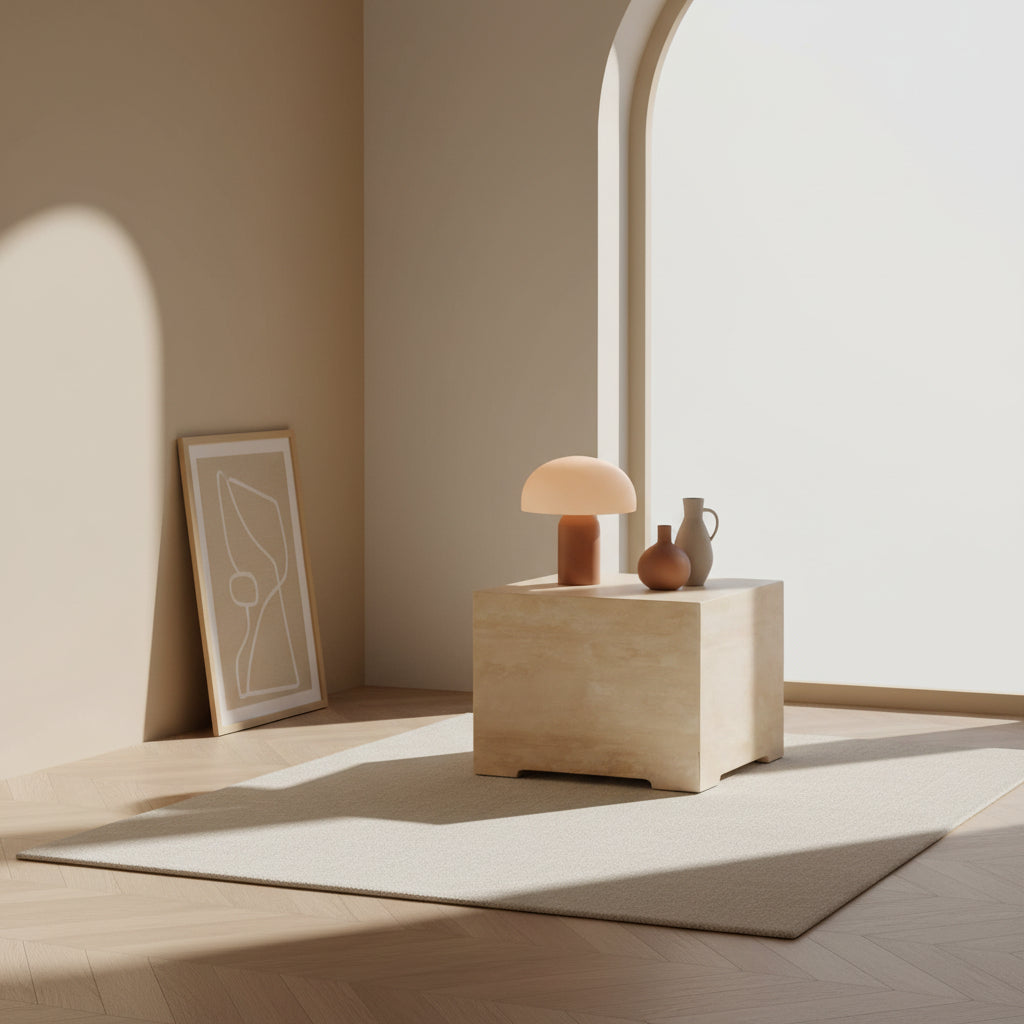 Table d'appoint ronde minimaliste en travertin avec base géométrique ajourée pour salon ou chambre à coucher