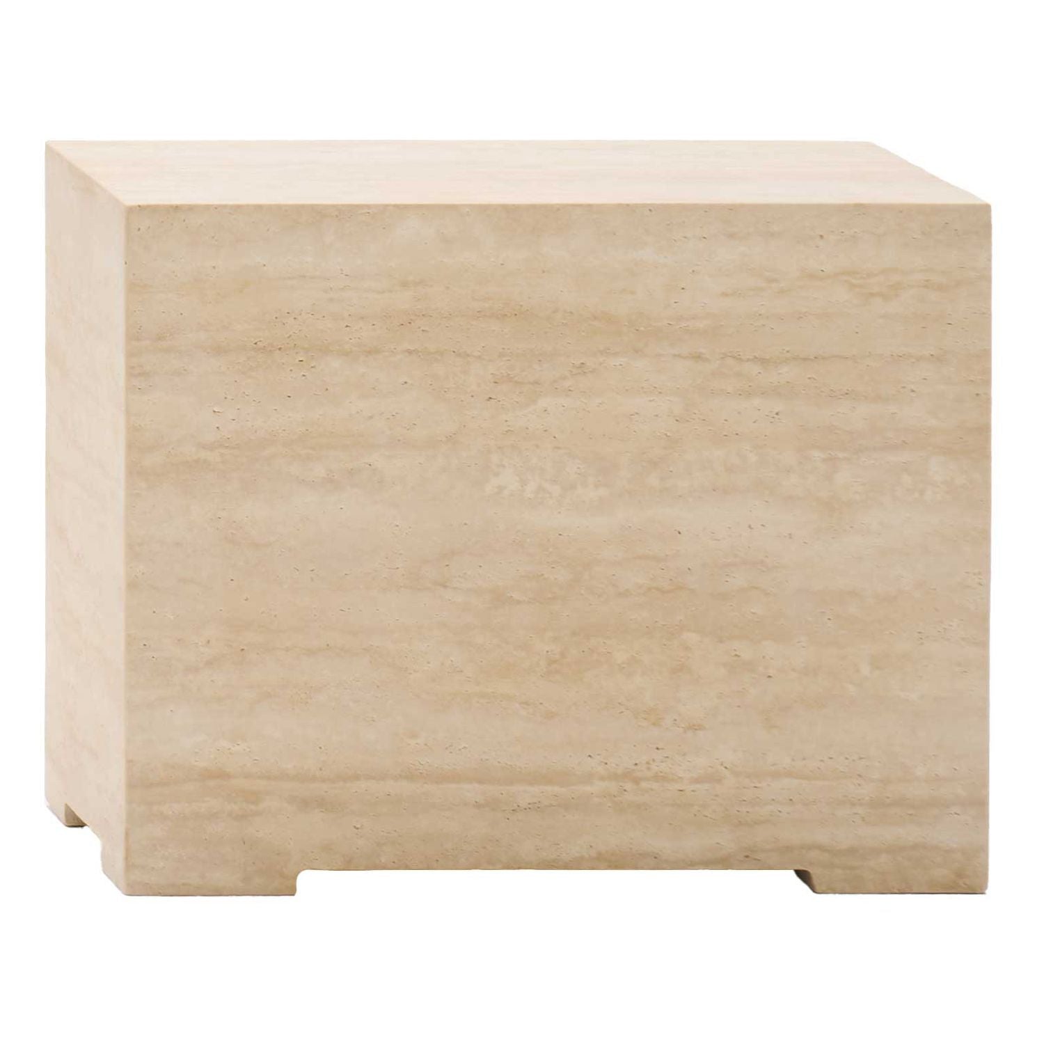 Table d'appoint ronde minimaliste en travertin avec base géométrique ajourée pour salon ou chambre à coucher